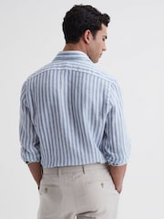 Reiss Soft Blue Herringbone Stripe Ruban Linen Long Sleeve Shirt - Image 4 of 4