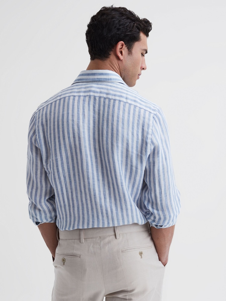 Reiss Soft Blue Herringbone Stripe Ruban Linen Long Sleeve Shirt - Image 4 of 4