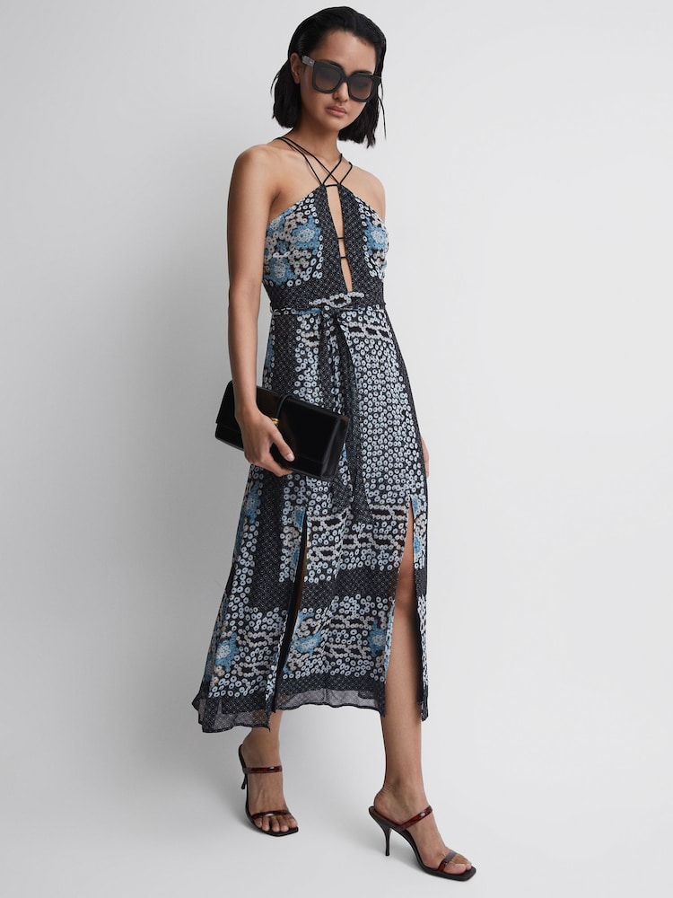 Reiss Navy/Blue Aliana Floral Print Fitted Midi Dress - Image 1 of 6