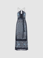 Reiss Navy/Blue Aliana Floral Print Fitted Midi Dress - Image 2 of 6