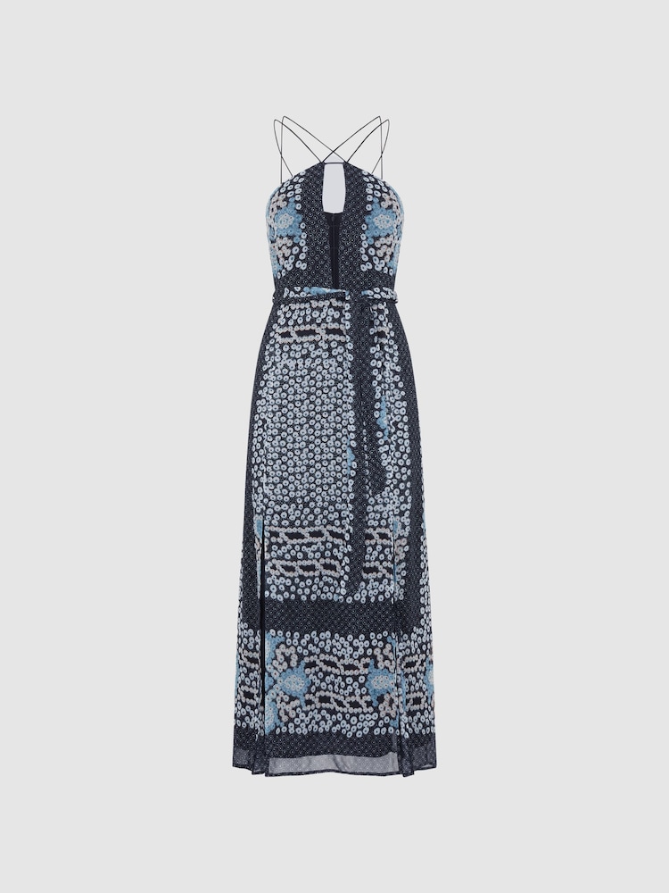 Reiss Navy/Blue Aliana Floral Print Fitted Midi Dress - Image 2 of 6