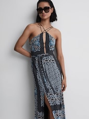 Reiss Navy/Blue Aliana Floral Print Fitted Midi Dress - Image 1 of 6