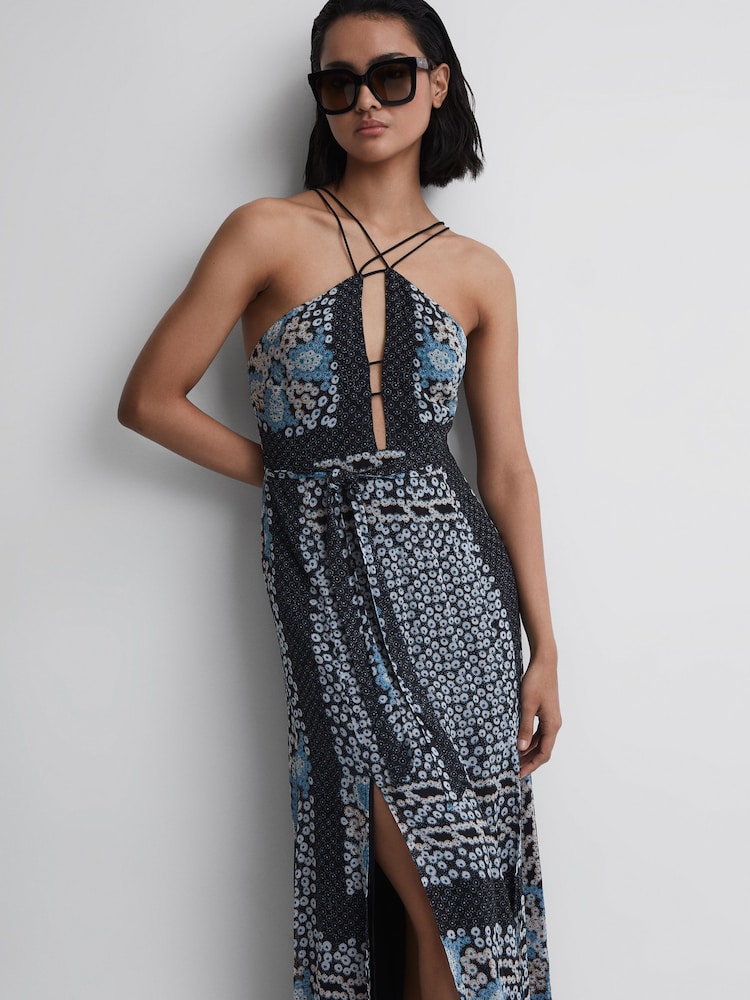 Reiss Navy/Blue Aliana Floral Print Fitted Midi Dress - Image 1 of 6