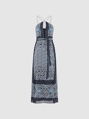 Reiss Navy/Blue Aliana Floral Print Fitted Midi Dress - Image 2 of 6