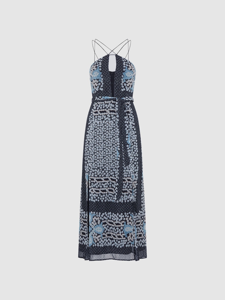 Reiss Navy/Blue Aliana Floral Print Fitted Midi Dress - Image 2 of 6