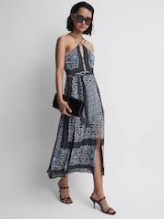 Reiss Navy/Blue Aliana Floral Print Fitted Midi Dress - Image 3 of 6