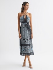 Reiss Navy/Blue Aliana Floral Print Fitted Midi Dress - Image 6 of 6
