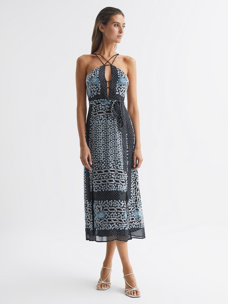 Reiss Navy/Blue Aliana Floral Print Fitted Midi Dress - Image 6 of 6