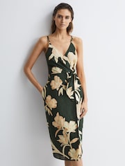 Reiss Khaki Alice Fitted Floral Print Midi Dress - Image 1 of 5