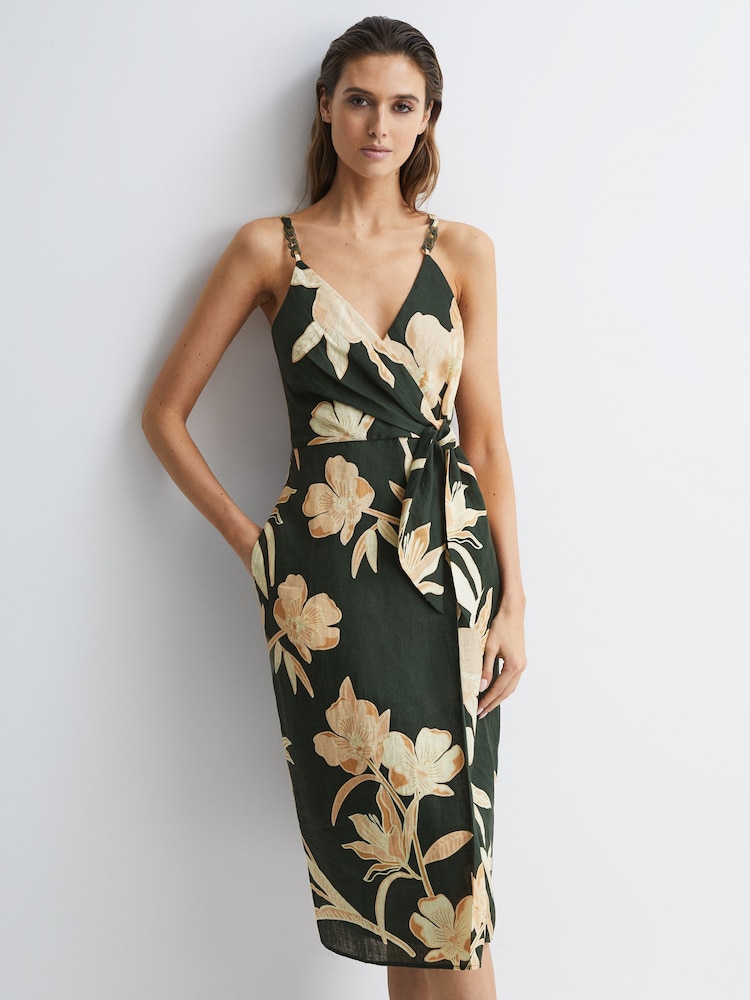 Reiss Khaki Alice Fitted Floral Print Midi Dress - Image 1 of 5