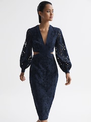 Reiss Navy Zena Lace Cut-Out Midi Dress - Image 1 of 7