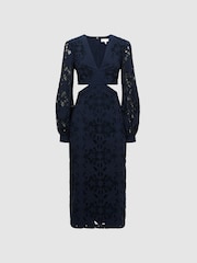 Reiss Navy Zena Lace Cut-Out Midi Dress - Image 2 of 7