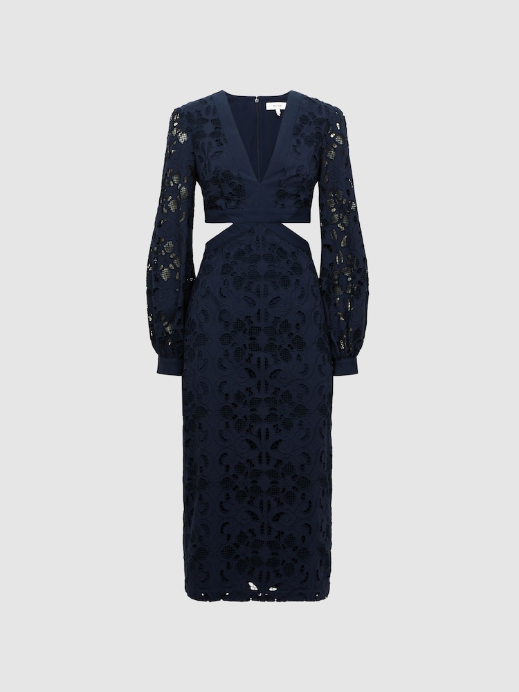 Reiss Navy Zena Lace Cut-Out Midi Dress - Image 2 of 7