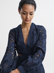Reiss Navy Zena Lace Cut-Out Midi Dress - Image 3 of 7