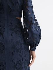Reiss Navy Zena Lace Cut-Out Midi Dress - Image 4 of 7