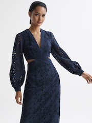 Reiss Navy Zena Lace Cut-Out Midi Dress - Image 6 of 7