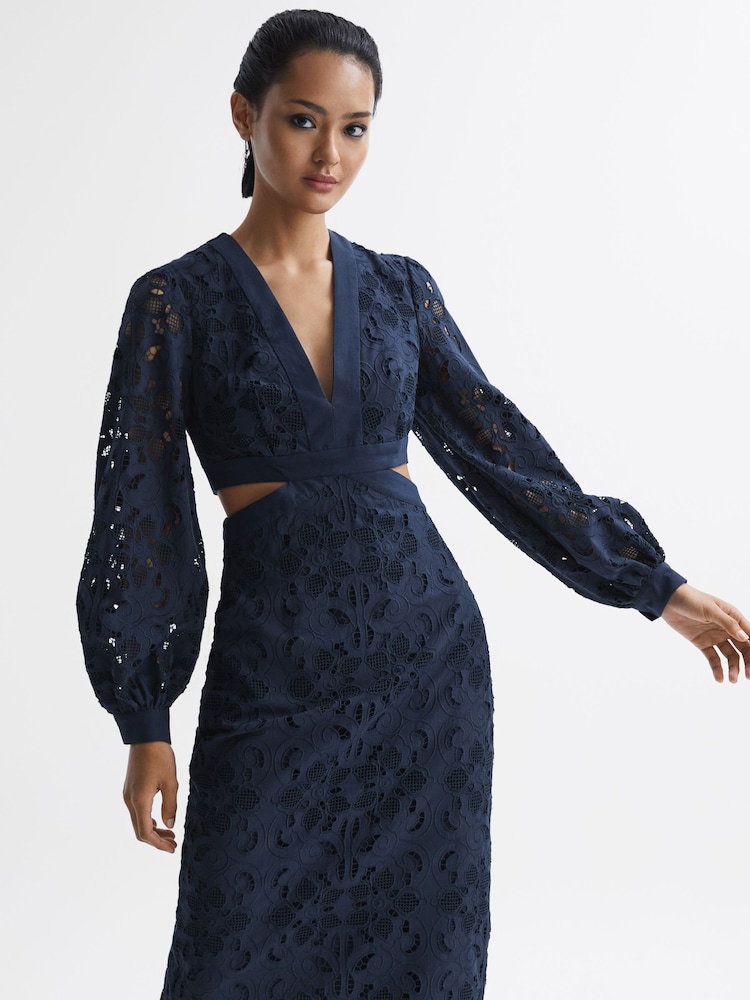 green emerald velvet dress Navy Floral Embroidered Tiered Suzie Midi Dress
