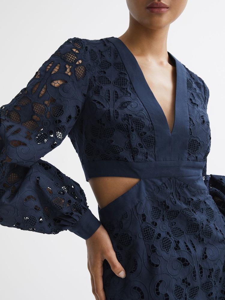 Reiss Navy Zena Lace Cut-Out Midi Dress - Image 7 of 7