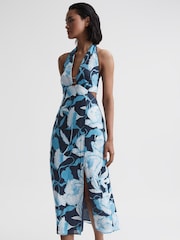 Reiss Navy/Blue Kaia Linen Halter Neck Midi Dress - Image 1 of 6