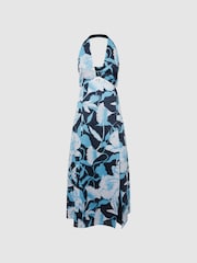 Reiss Navy/Blue Kaia Linen Halter Neck Midi Dress - Image 2 of 6