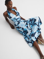 Reiss Navy/Blue Kaia Linen Halter Neck Midi Dress - Image 6 of 6