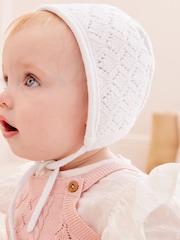 White Delicate Knitted Baby Bonnet Hat (0mths-2yrs) - Image 1 of 6