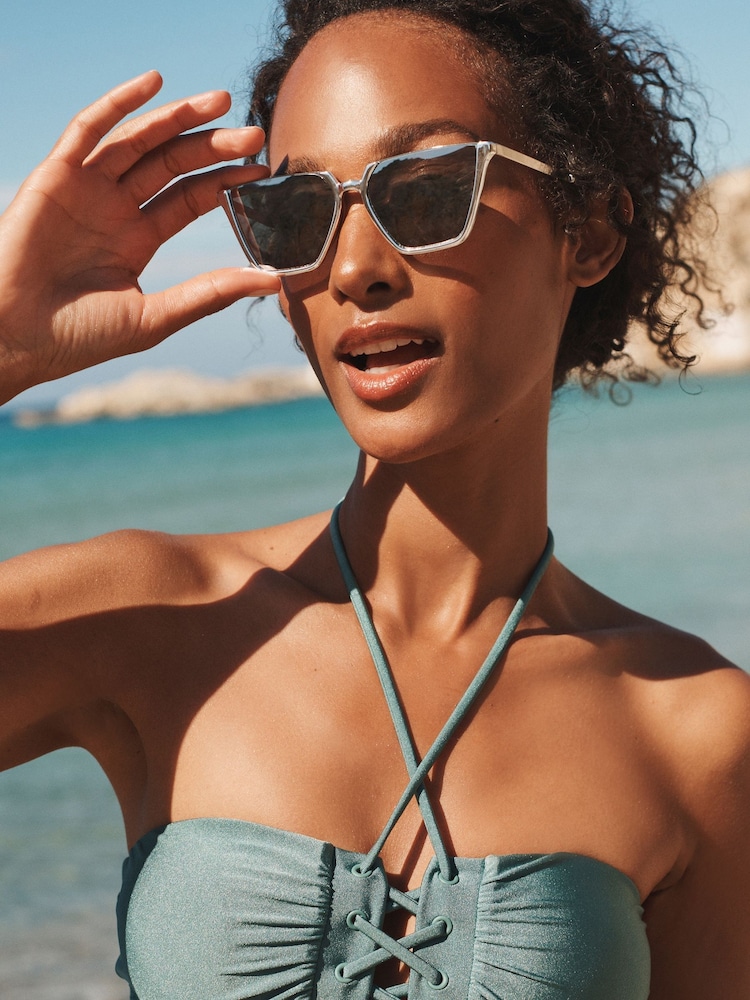 High Shine Blue Eyelet Soft Bandeau Bikini Top - Image 1 of 2