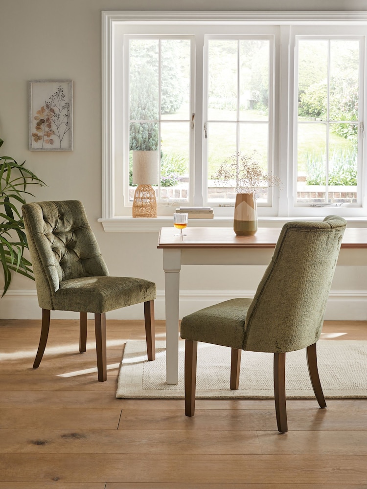 Set of 2 Plush Chenille Moss Green Wolton Walnut Effect Leg Collection Luxe Button Dining Chairs - Image 1 of 7