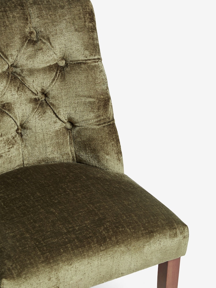 Set of 2 Plush Chenille Moss Green Wolton Walnut Effect Leg Collection Luxe Button Dining Chairs - Image 7 of 7