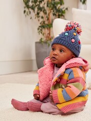Pink/Yellow/Blue Striped Character Baby Knitted Fleece Lined Cardigan (0mths-2yrs) - Image 1 of 7