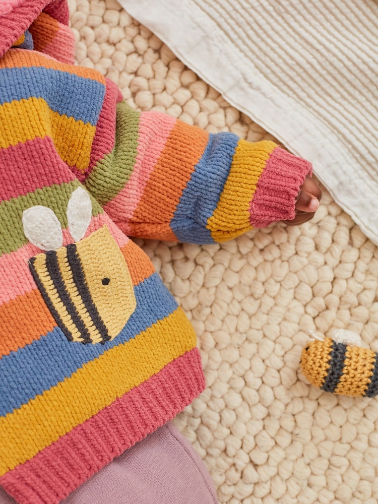 Pink/Yellow/Blue Striped Character Baby Knitted Fleece Lined Cardigan (0mths-2yrs) - Image 3 of 7