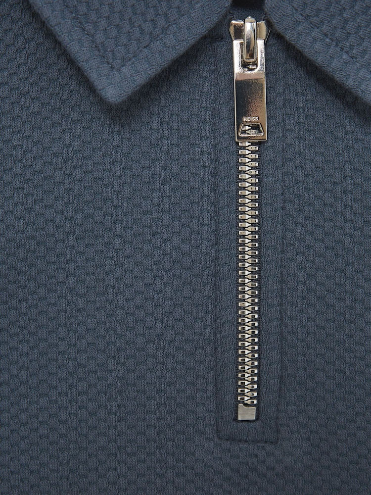 Reiss Airforce Blue Creed Senior Textured Half-Zip Polo Shirt - Image 6 of 6