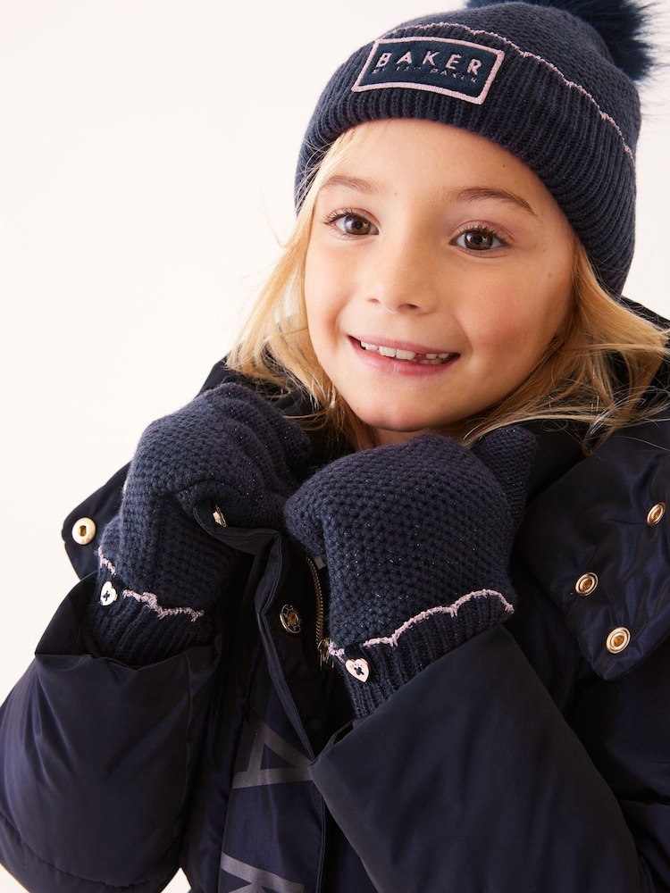 Baker by Ted Baker Navy Girls Scallop Edge Pom Hat and Gloves Set - Image 1 of 3