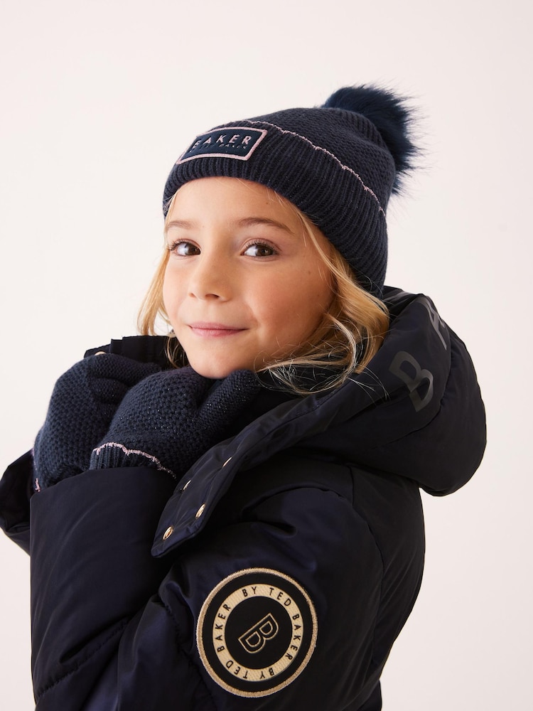 Baker by Ted Baker Navy Girls Scallop Edge Pom Hat and Gloves Set - Image 2 of 3