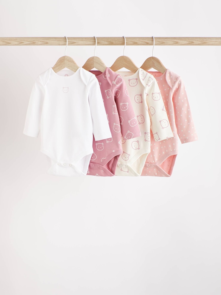 Pink/White Bear Baby 100% Cotton Long Sleeve Bodysuits 4 Pack - Image 1 of 7