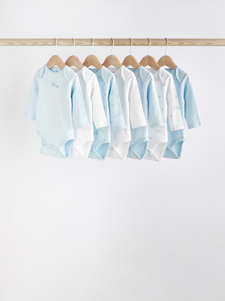 Pale Blue 7 Pack Long Sleeve Baby Bodysuits - Image 1 of 7