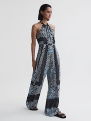 Reiss Navy Cassis Floral Print Wide Leg Jumpsuit - Image 1 of 6