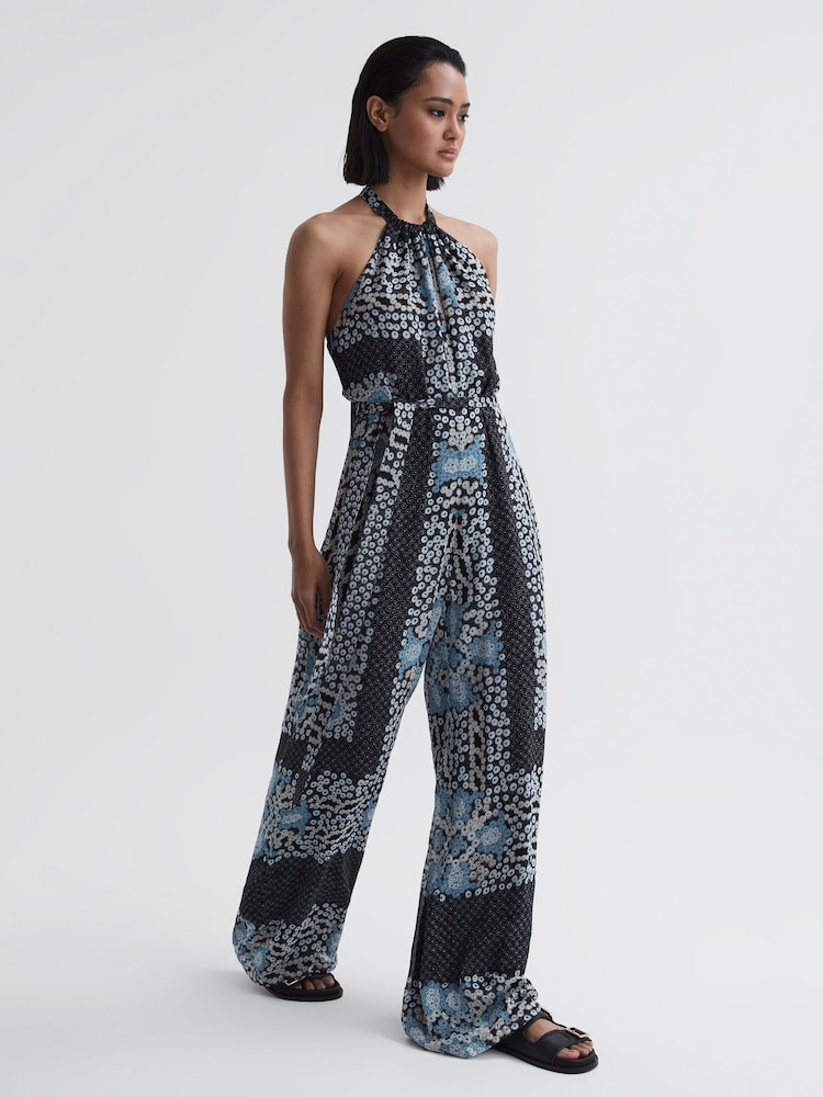 Reiss Navy Cassis Floral Print Wide Leg Jumpsuit - Image 1 of 6
