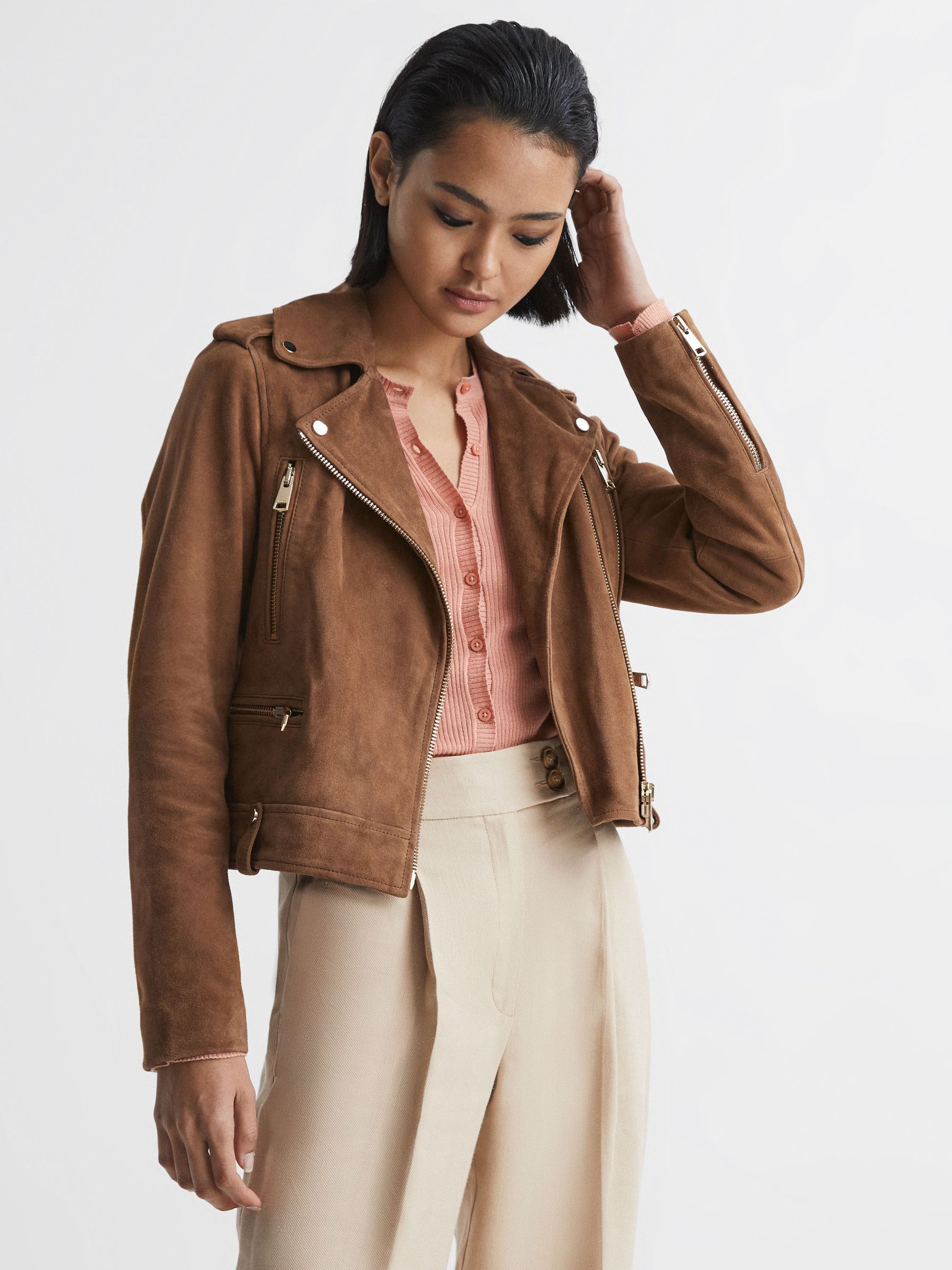Reiss tan leather jacket top
