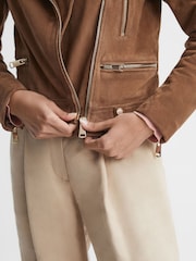 Reiss Tan Santiago Suede Suede Biker Jacket - Image 4 of 6