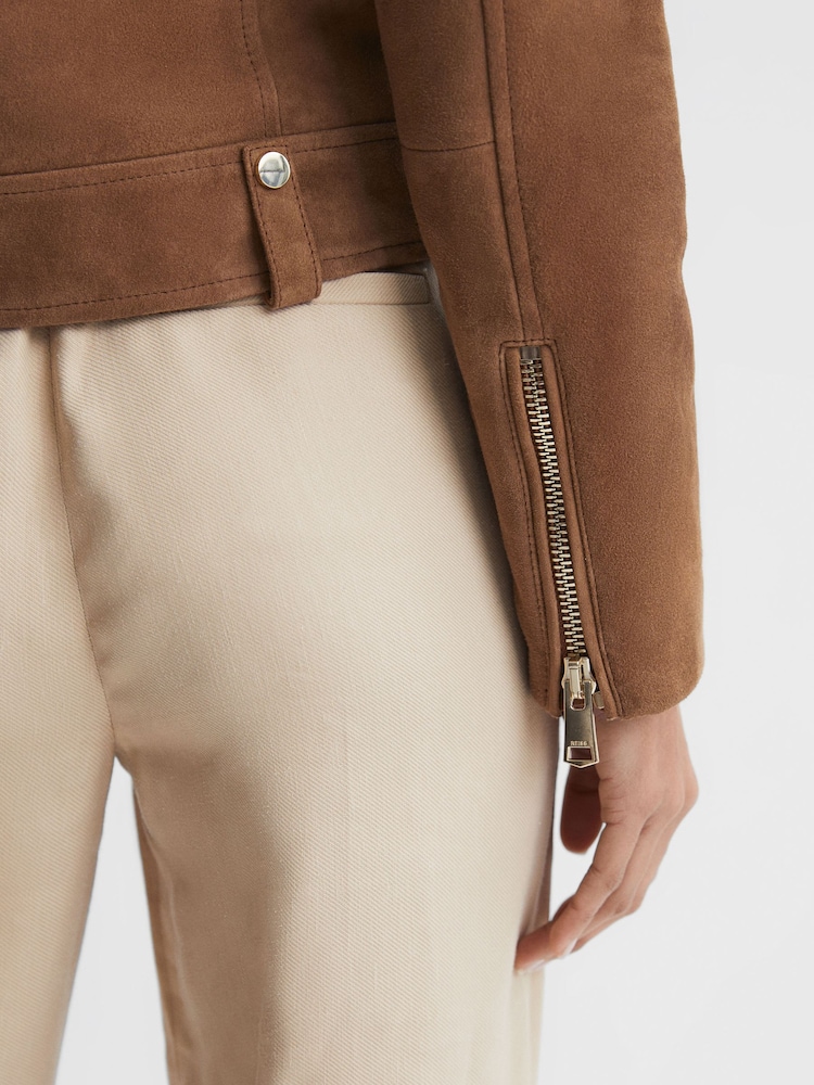 Reiss Tan Santiago Suede Suede Biker Jacket - Image 6 of 6
