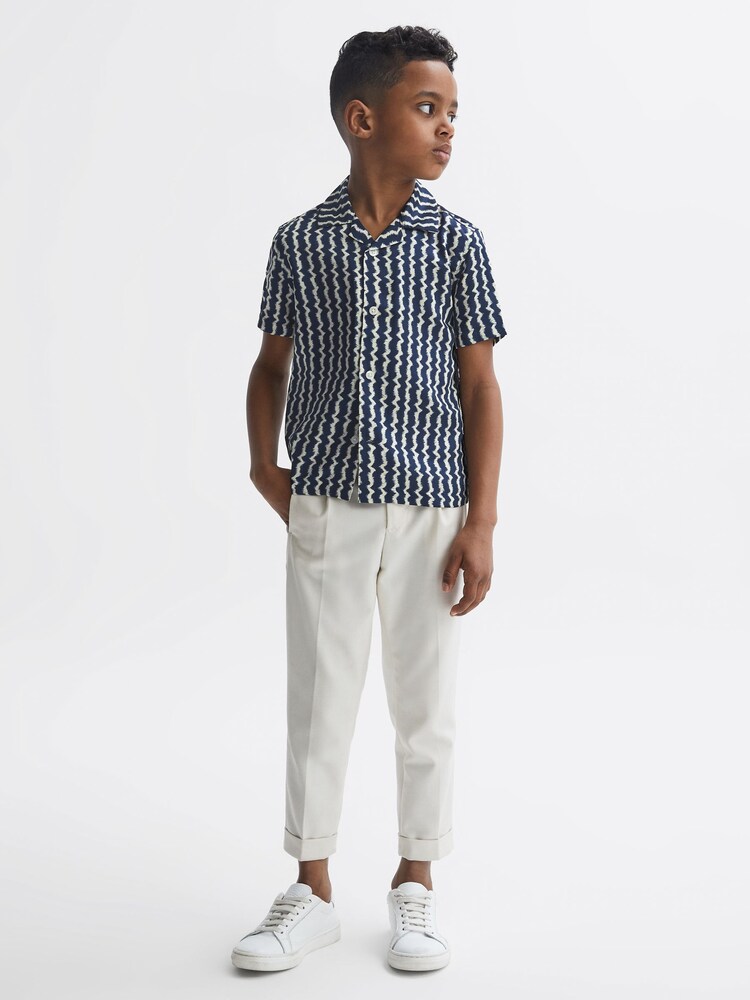 Reiss Navy Mayday Senior Cuban Collar Printed Shirt - Image 1 of 6
