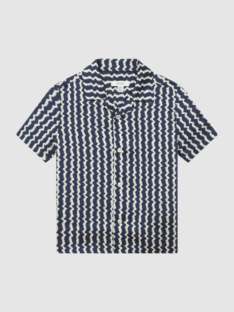 Reiss Navy Mayday Senior Cuban Collar Printed Shirt - Image 2 of 6