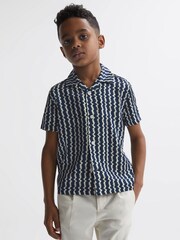 Reiss Navy Mayday Senior Cuban Collar Printed Shirt - Image 3 of 6