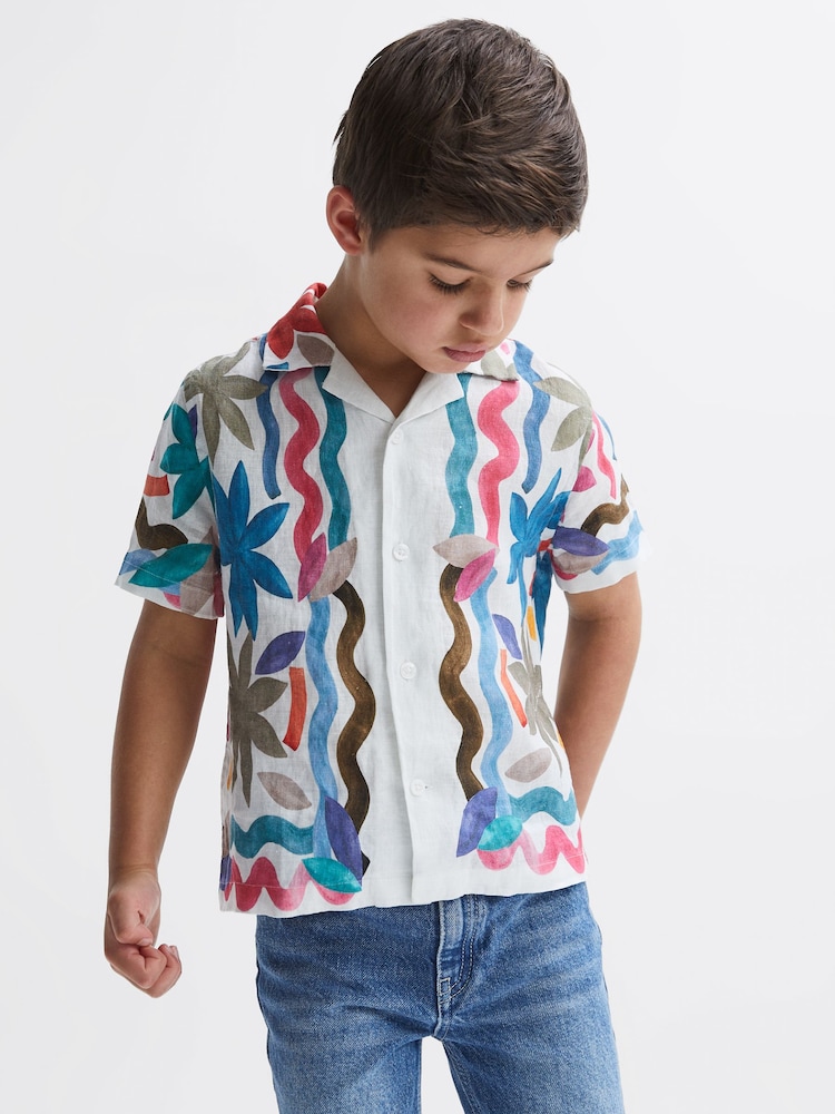 Reiss Multi Delphi Junior Linen Floral Cuban Collar Shirt - Image 1 of 6