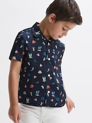 Reiss Navy Archer Beach Print Cuban Collar Shirt - Image 1 of 7