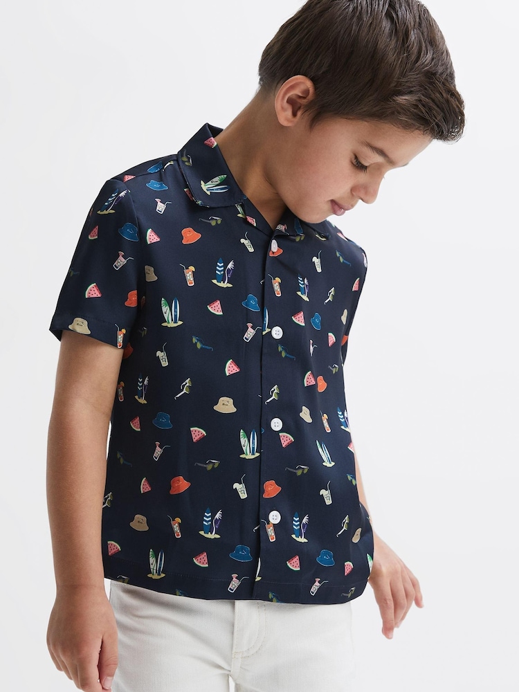 Reiss Navy Archer Beach Print Cuban Collar Shirt - Image 1 of 7