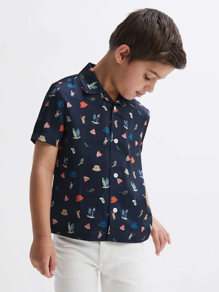 Reiss Navy Archer Beach Print Cuban Collar Shirt - Image 1 of 7 Reiss Navy Archer Beach Print Cuban Collar Shirt - Image 1 of 7