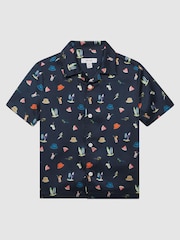 Reiss Navy Archer Beach Print Cuban Collar Shirt - Image 2 of 7