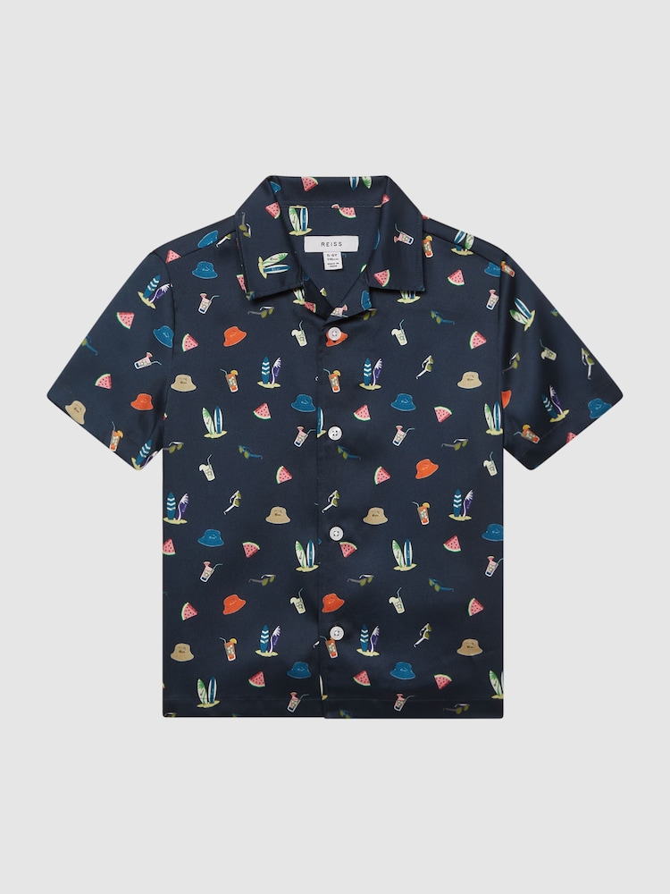 Reiss Navy Archer Beach Print Cuban Collar Shirt - Image 2 of 7 Reiss Navy Archer Beach Print Cuban Collar Shirt - Image 2 of 7